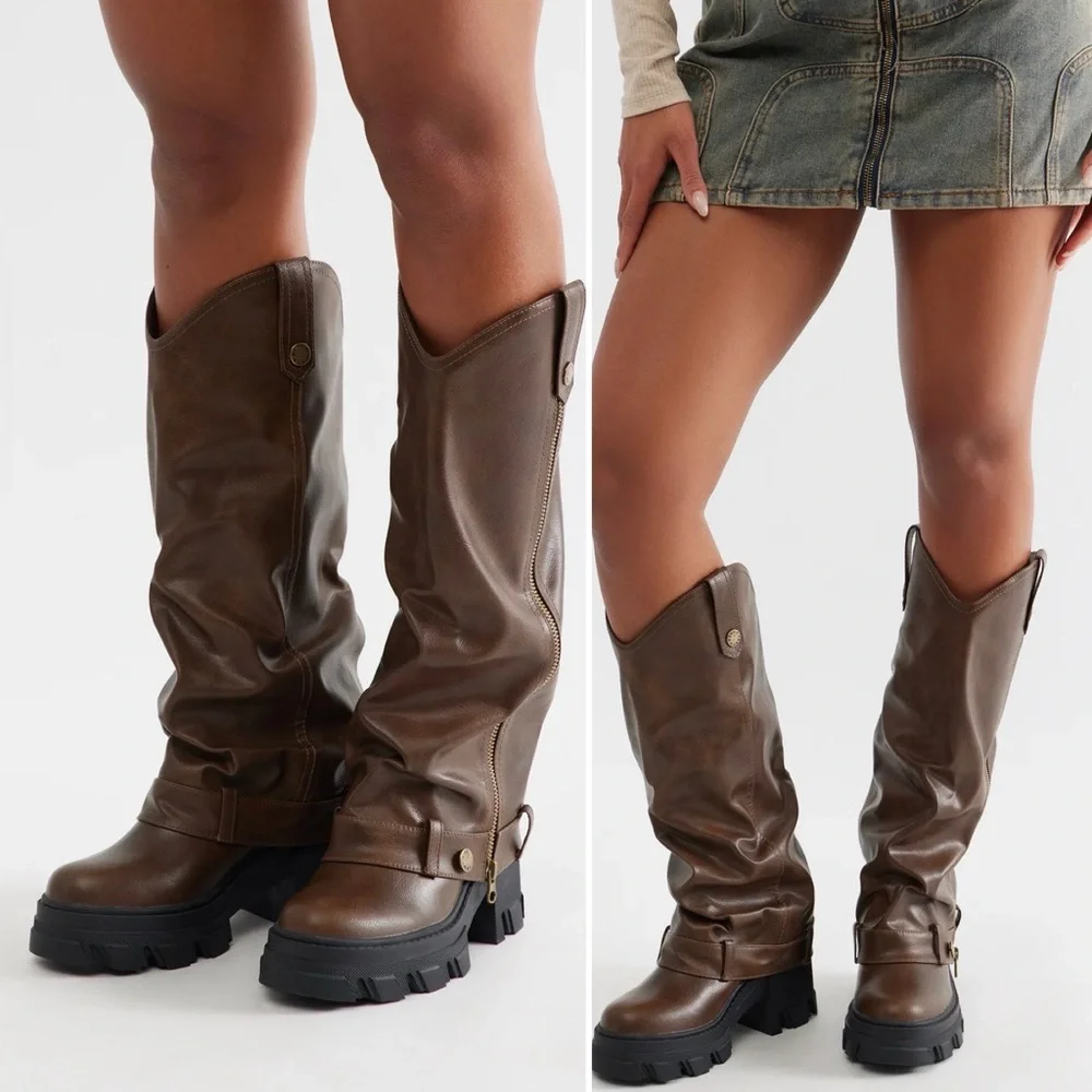 Brown Knee-High Boots with Black Soles bulky fun brown boots - Picture 7 of 13